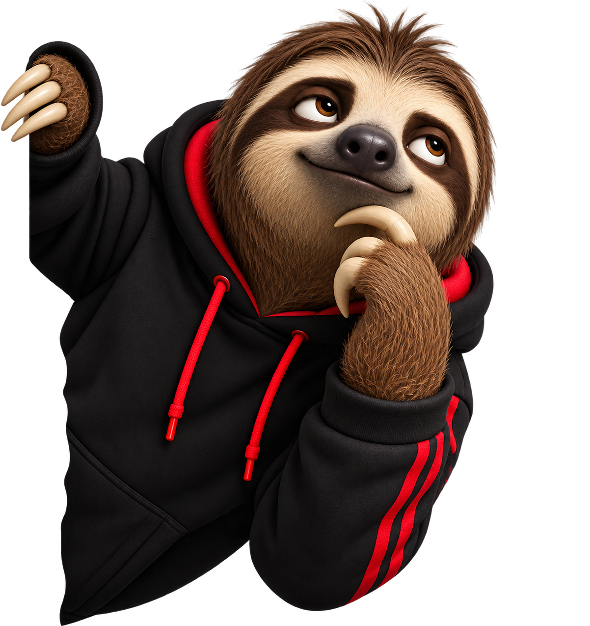 LOOP mascot, a relaxed sloth in a black and red hoodie